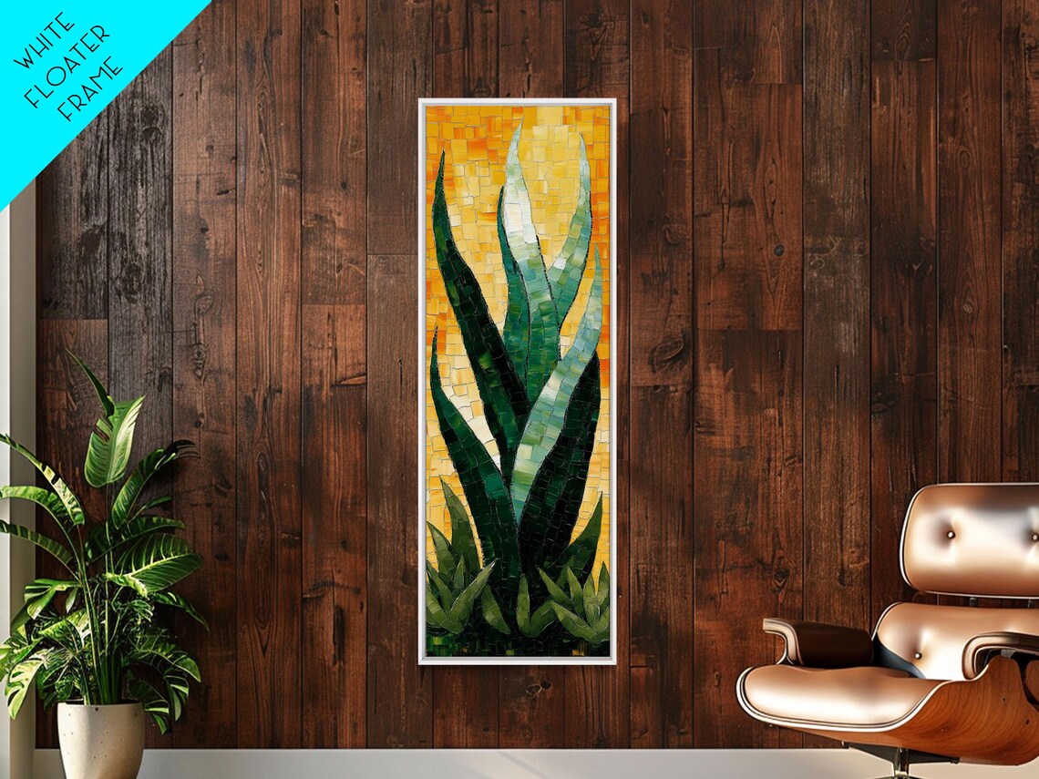 Mosaic Agave Plant Green Leaves On Golden Tile Vertical Art Poster - Image 6