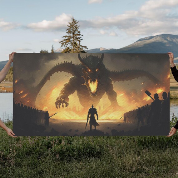 Warrior Facing Down A Dragon, Fantasy Wall Art