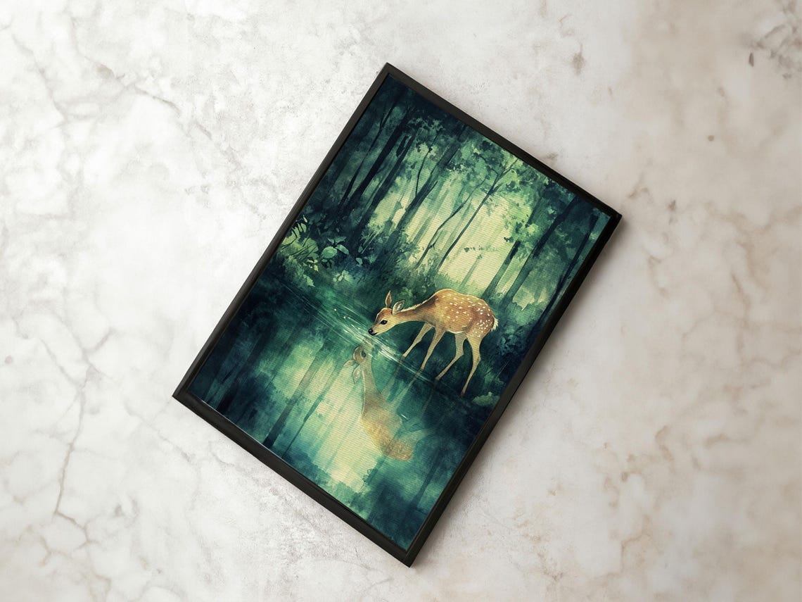 Young Deer Drinking Water Forest Reflection Watercolor Wildlife Poster - Image 5