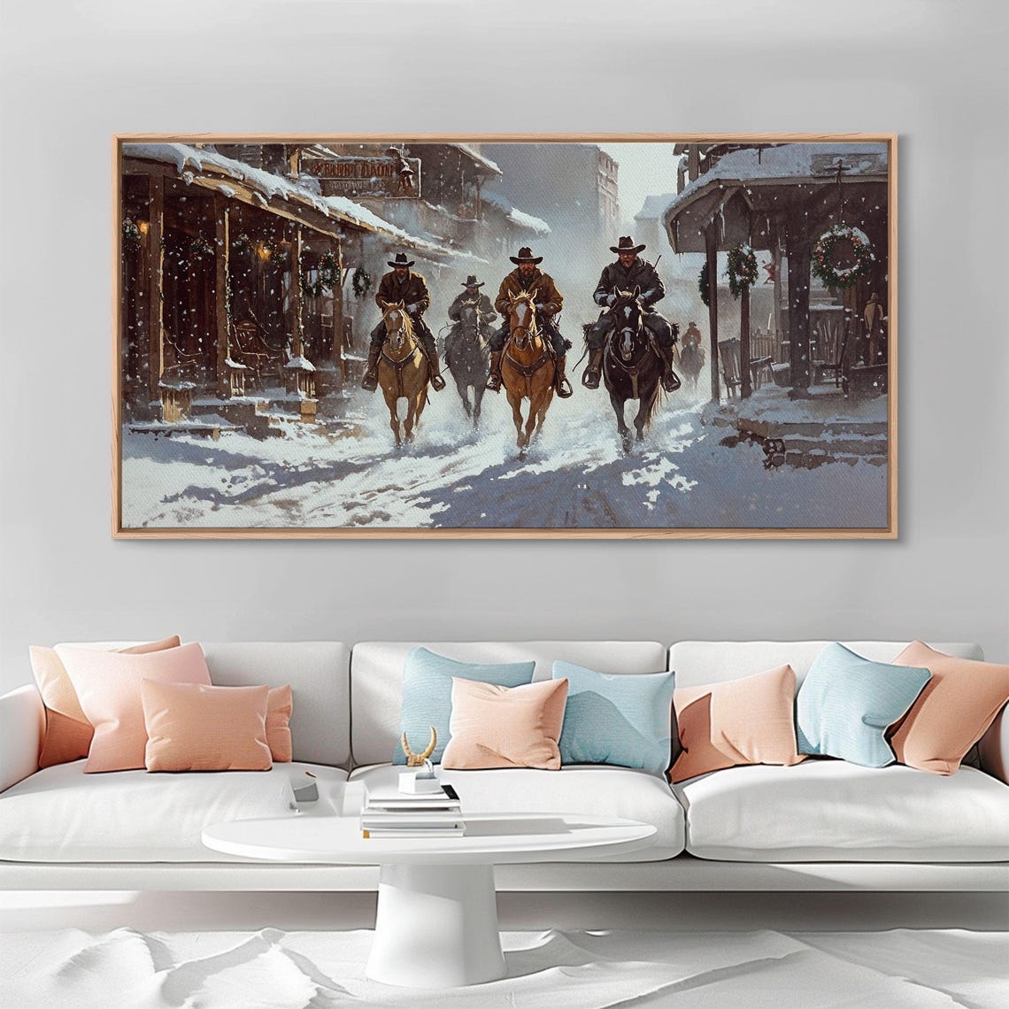 Cowboys Riding Through Snowy Christmas Western Town Art Print