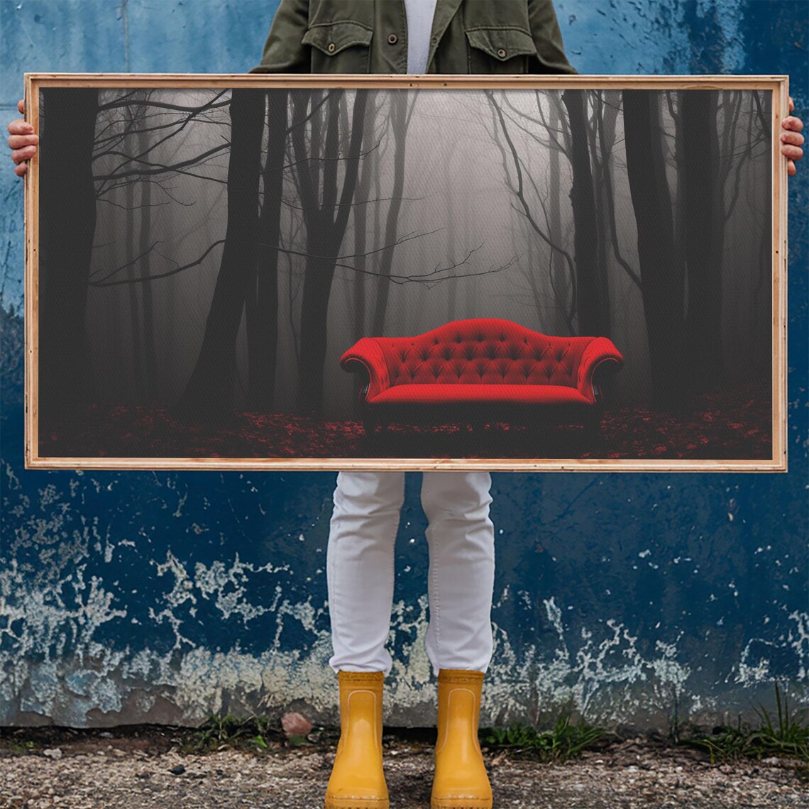 Red Velvet Sofa In Dark Foggy Forest Surreal Gothic Mystery Wall Art Poster - Image 6