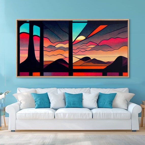 Pueblo Style Art Deco Sunset Print Outrun Colorful Art Desert Art Living Room Wall Art Stained Glass Look Arizona Style Art