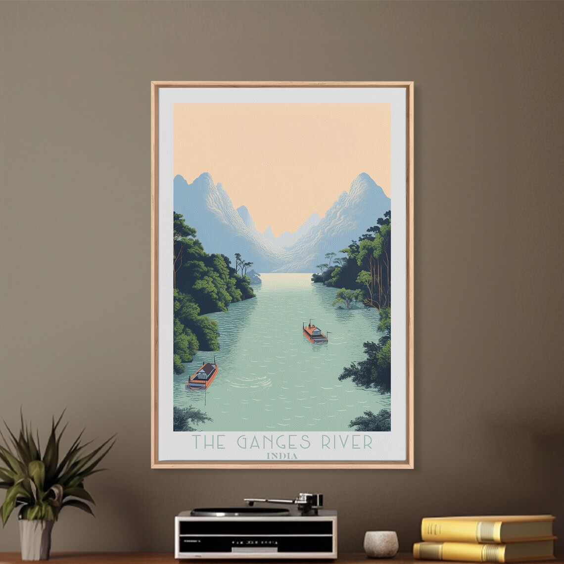 The Ganges River India Sacred Waterway Hills Boats Retro Travel Poster