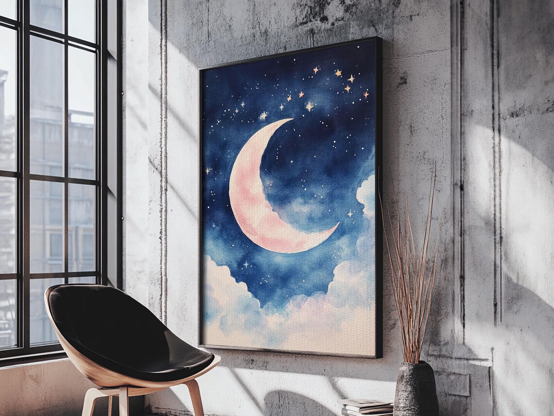 Pink Crescent Moon Watercolor Print Starry Night Sky Wall Art Poster - Image 6