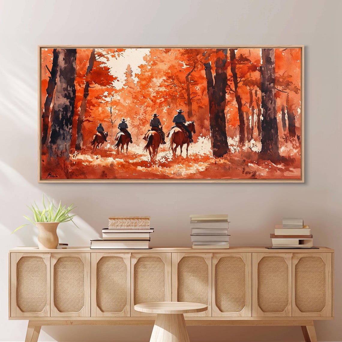 Cowboys Riding Into Blazing Red Autumn Forest Trail Art Print - Image 5