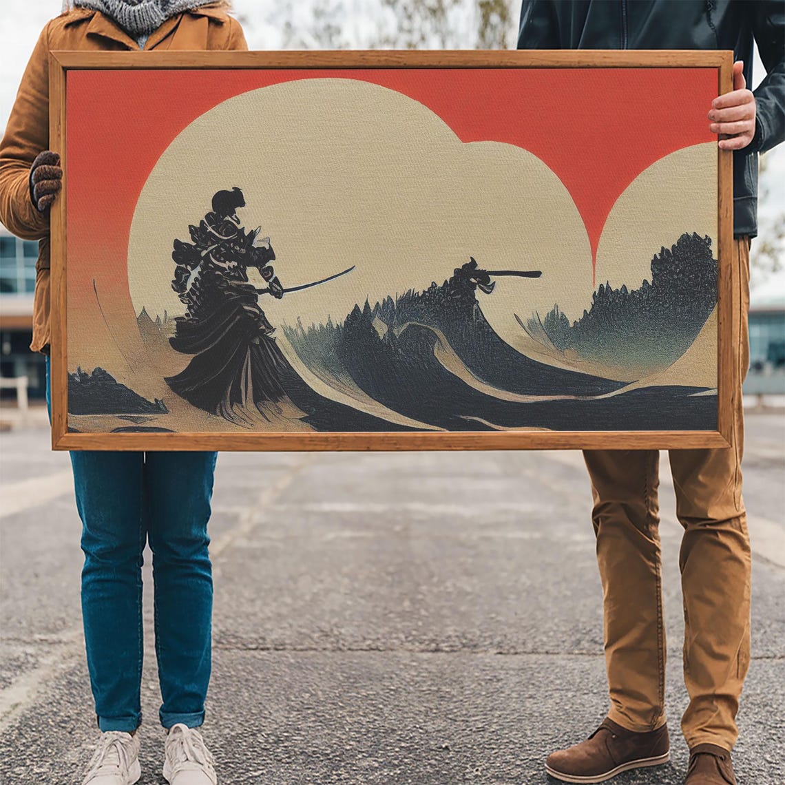 Samurai Facing Giant Wave Under Blood Red Sun Japanese Art Poster - Image 3