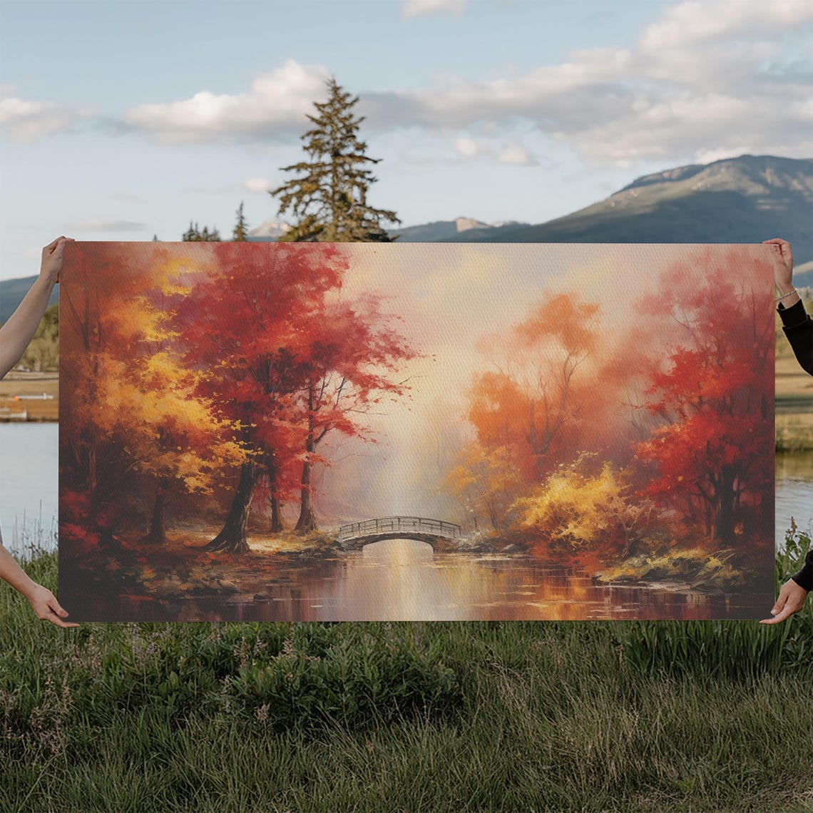 Autumn Park Bridge Over Calm Water Red Foliage Misty Fall Art Poster