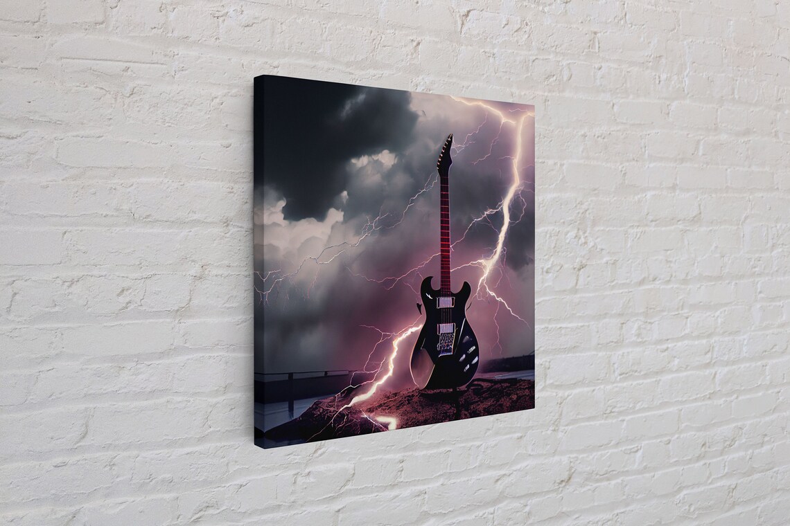 Rock N Roll Lightning Striking Black Guitar Art Print - Image 4