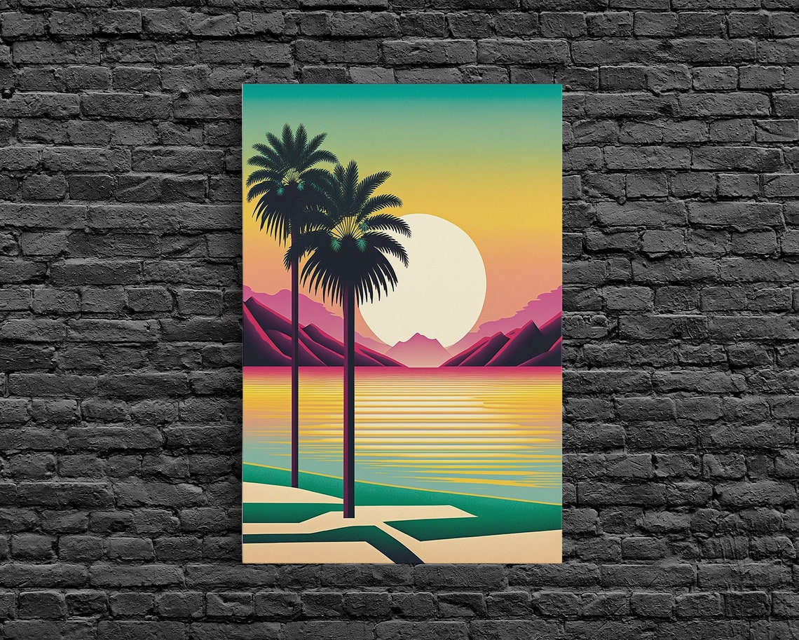 Art Deco Tropical Sunset Palm Trees Giant Sun Geometric Beach Poster