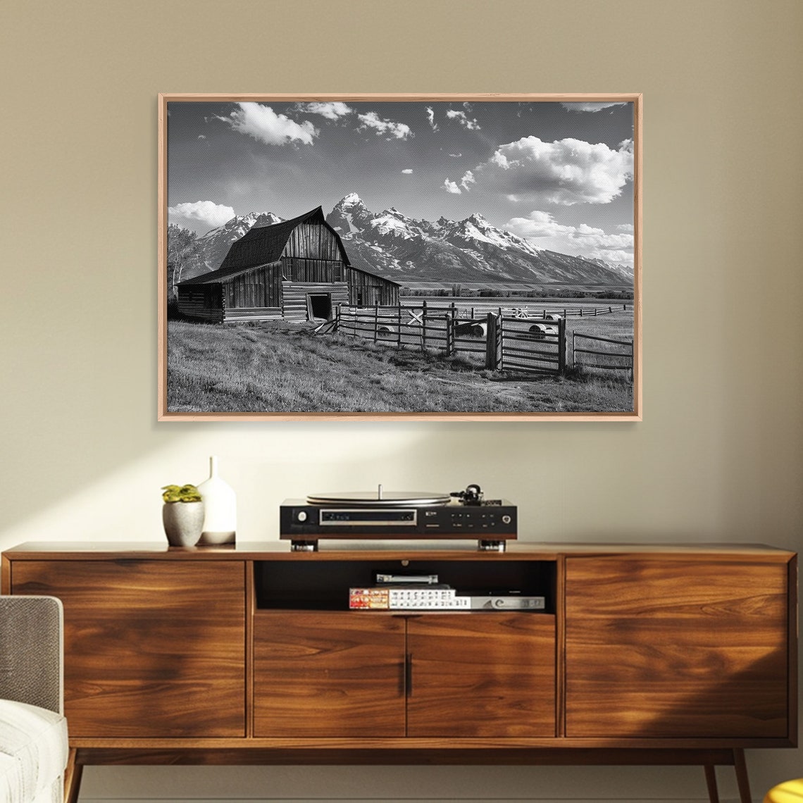 Old Barn Snowy Mountain Peaks Black White Farm Landscape Poster - Image 5
