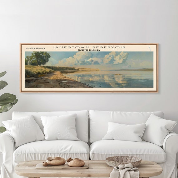 Jamestown Reservoir North Dakota Framed Print Lake House Art Panoramic Wall Art Travel Poster Serene Lake Painting Home Decor