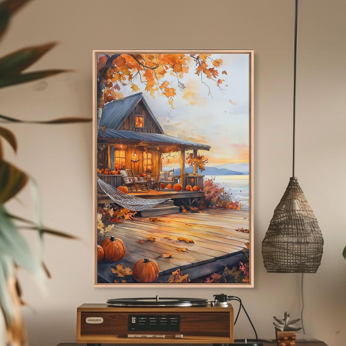 Cozy Autumn Cabin Porch With Pumpkins Hammock Lake View Poster - Image 3
