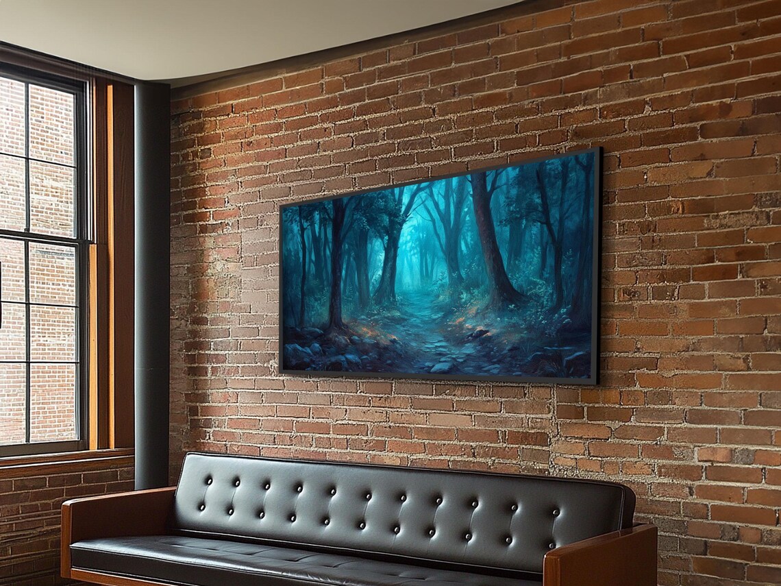 Dark Misty Forest Path Teal Fog Moody Woodland Painting Art Poster - Image 3