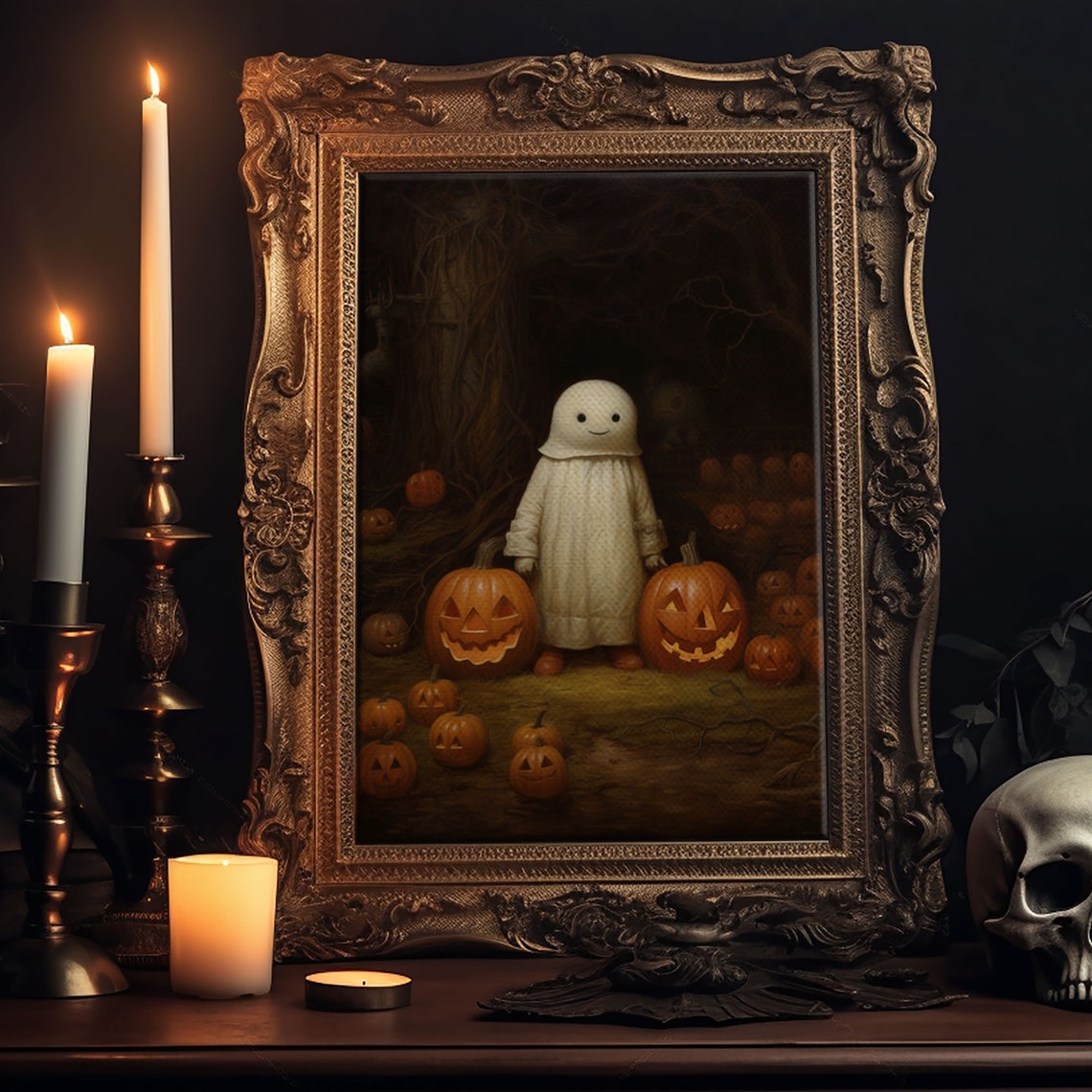 Cute Little Boo Ghost In Pumpkin Patch With Jack O Lanterns Poster - Image 6