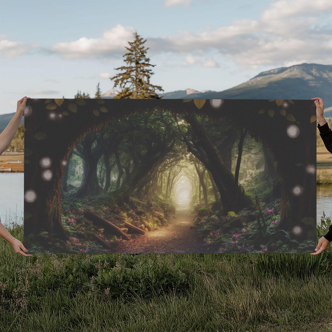 Enchanted Forest Path Tree Tunnel Glowing Light Bokeh Magic Poster