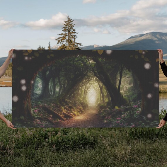 Enchanted Forest Path Tree Tunnel Glowing Light Bokeh Magic Poster