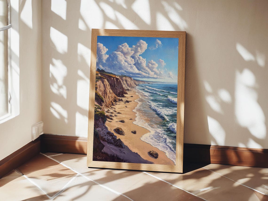 Sunny Beach Cliffs Turquoise Ocean Waves Coastal Seascape Art Poster - Image 6