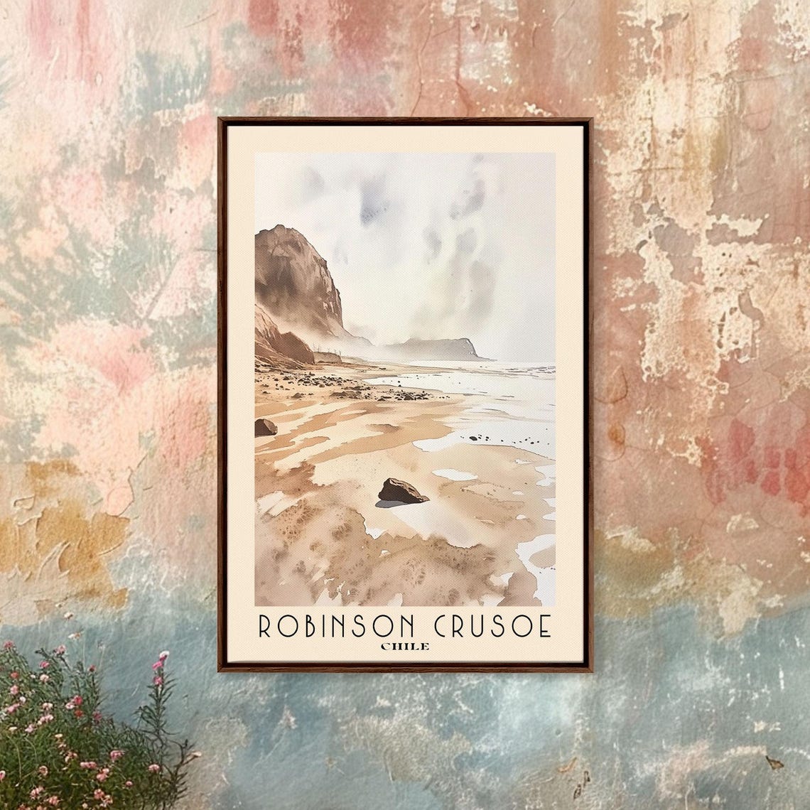 Robinson Crusoe Chile Misty Cliff Beach Sepia Watercolor Poster - Image 4