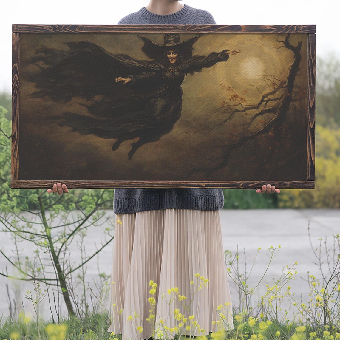 Flying Witch Swirling Stormy Night Sky Dark Cape Halloween Art Poster - Image 2