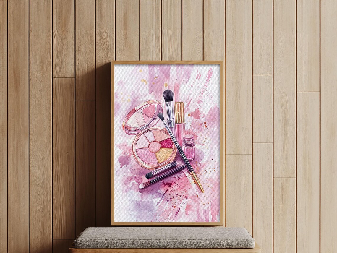 Pink Makeup Set Eyeshadow Brushes Watercolor Art Print Vanity Wall Poster - Image 5