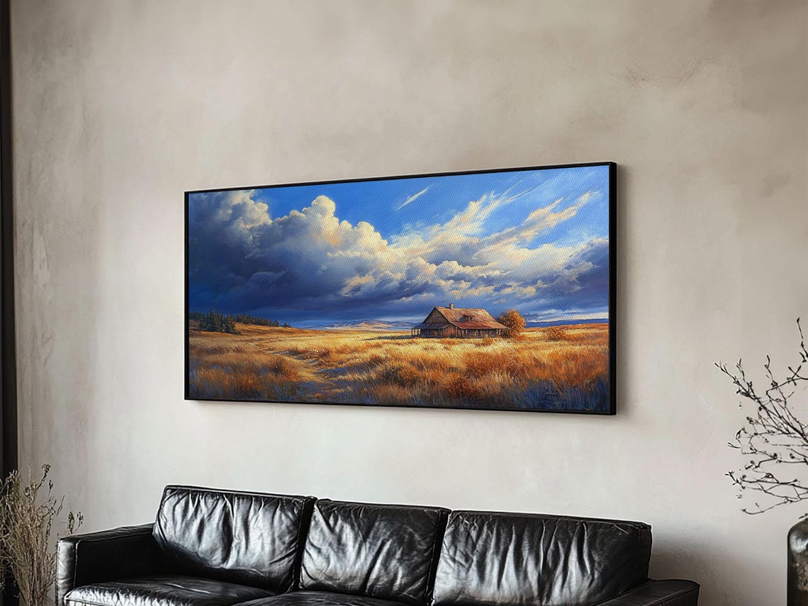 Rustic Barn Golden Wheat Field Dramatic Sky Panoramic Landscape Poster