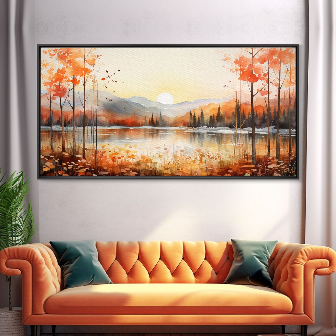 Autumn Sunset Lake Orange Trees Misty Mountains Watercolor Poster - Image 4