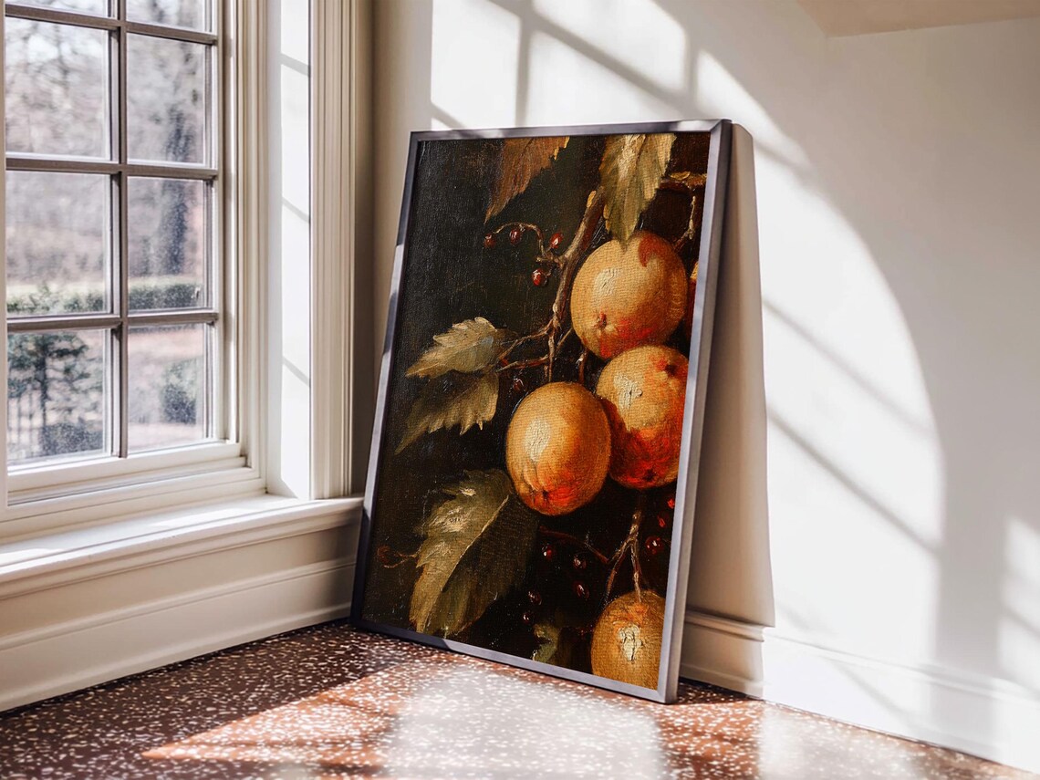 Antique Oranges On Branch Still Life Dark Oil Painting Art Print - Image 2