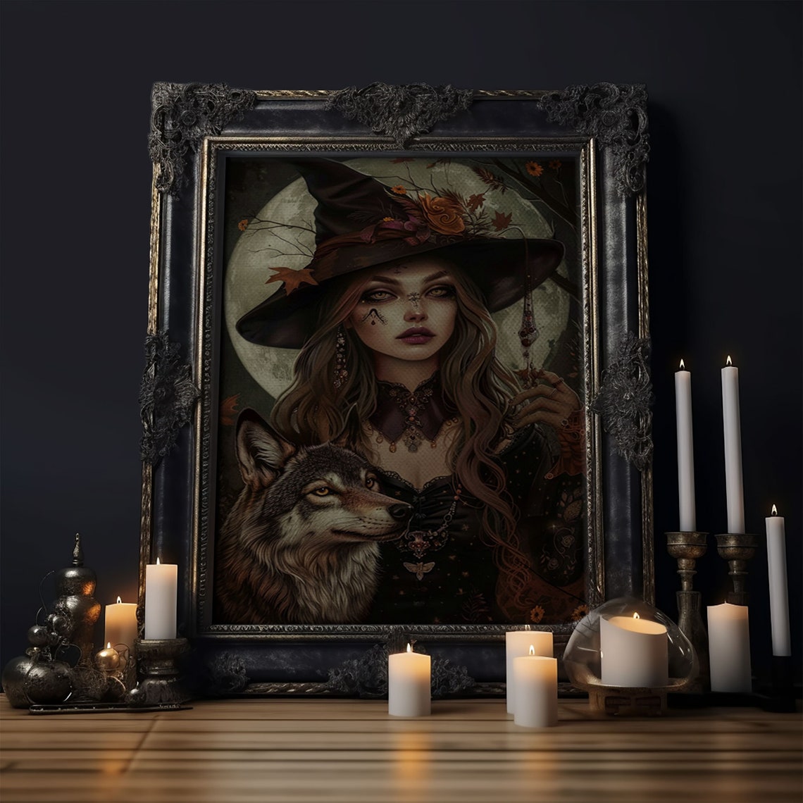 Spooky Witch And Wolf Under Full Moon Night Halloween Art Poster - Image 6