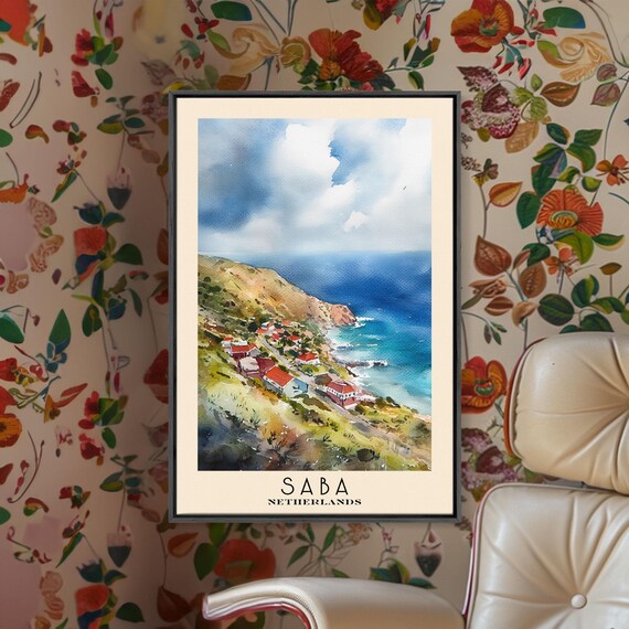 Saba Netherlands Cliffside Village Red Roof Bay Watercolor Poster