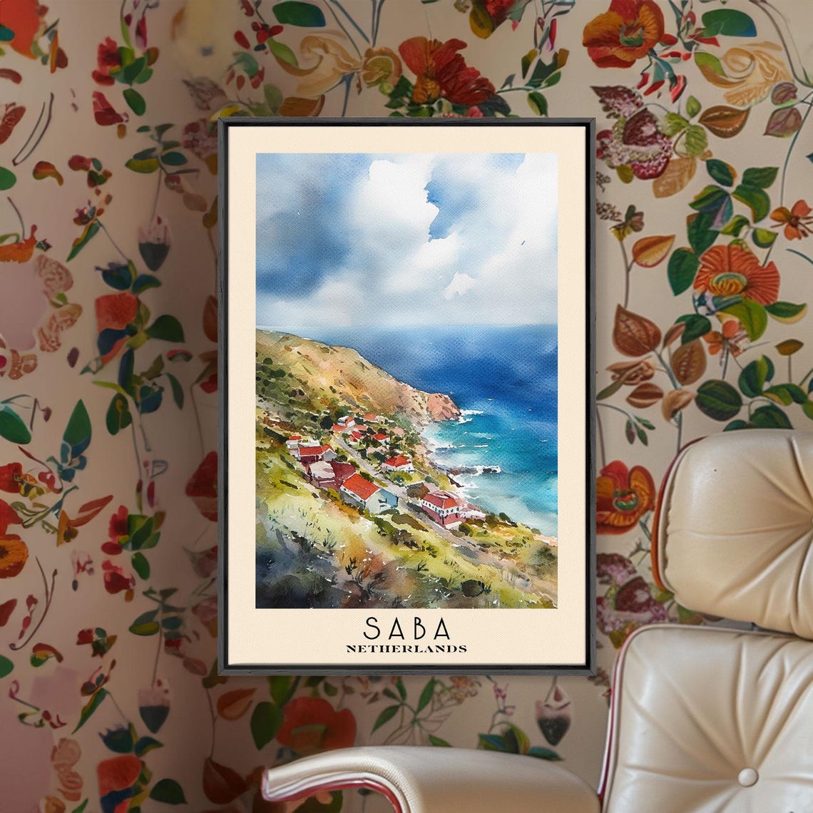 Saba Netherlands Cliffside Village Red Roof Bay Watercolor Poster