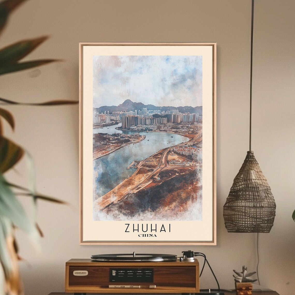 Zhuhai China Harbor Skyline Cityscape Watercolor Travel Poster - Image 3