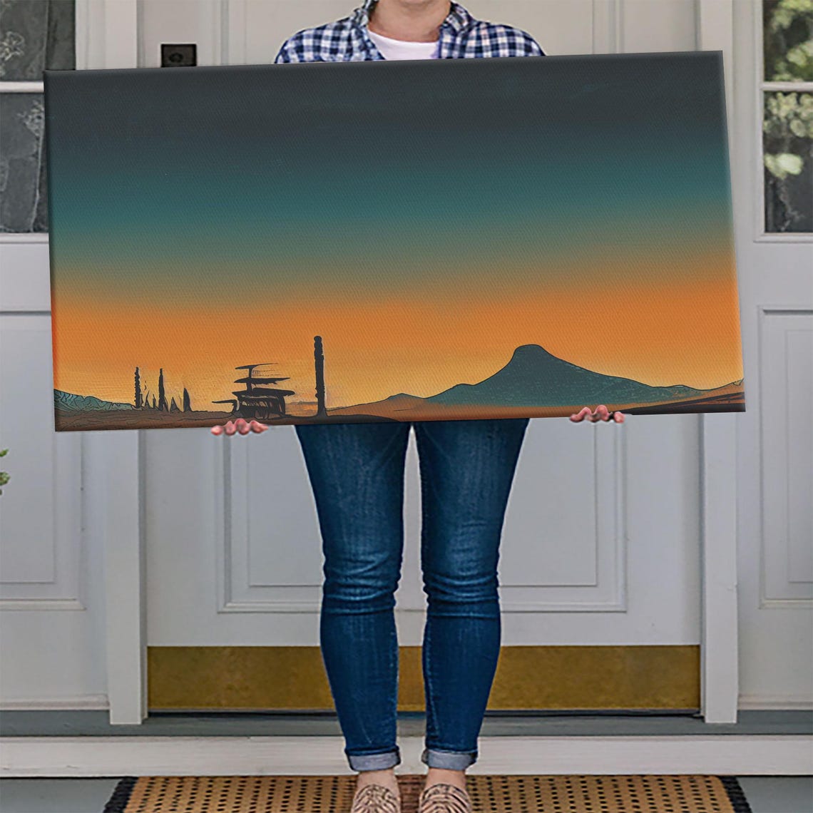 Orange And Teal Minimalist Desert Sunset Silhouette Abstract Poster - Image 4