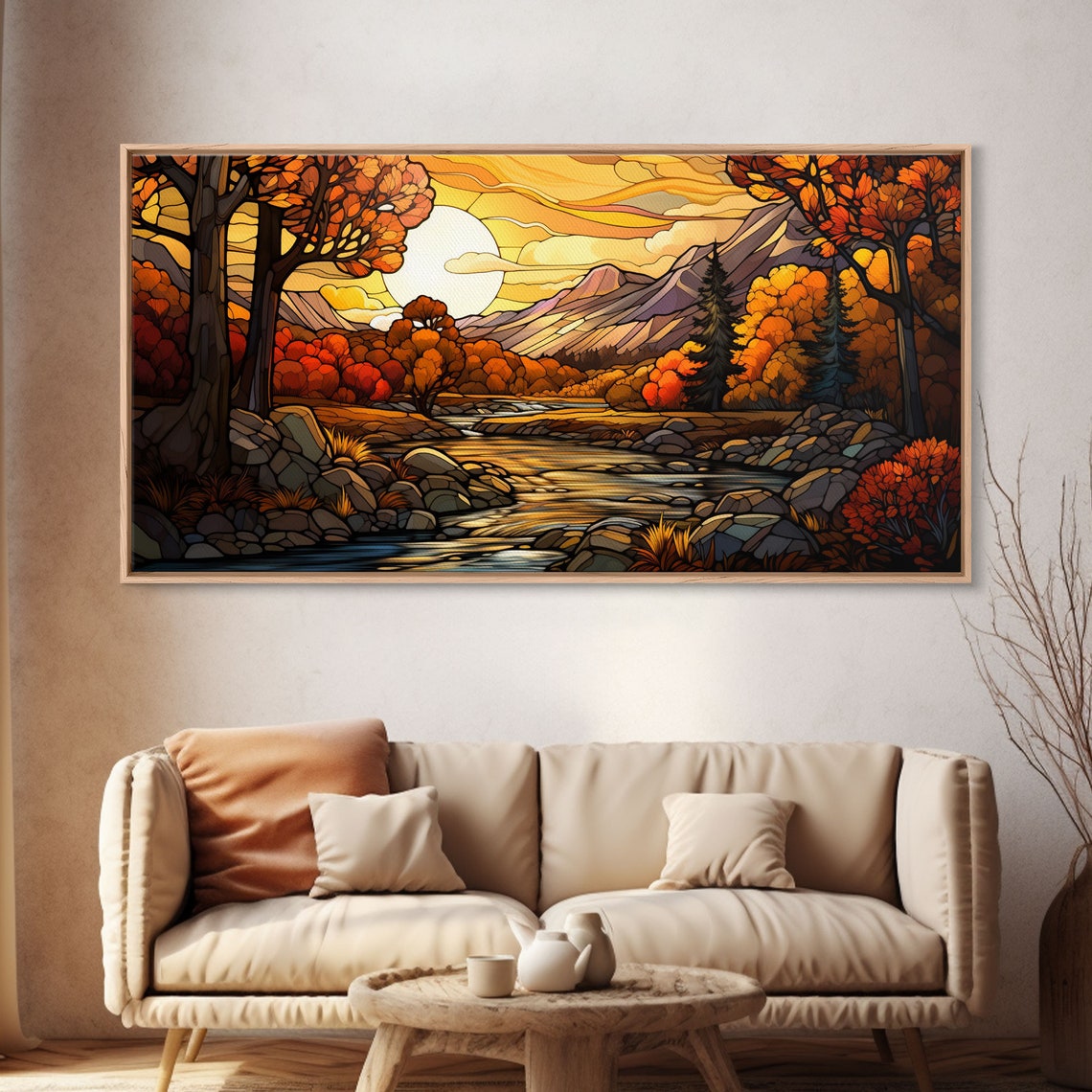 Stained Glass Autumn Mountain River Fall Trees Colorful Window Art - Image 4