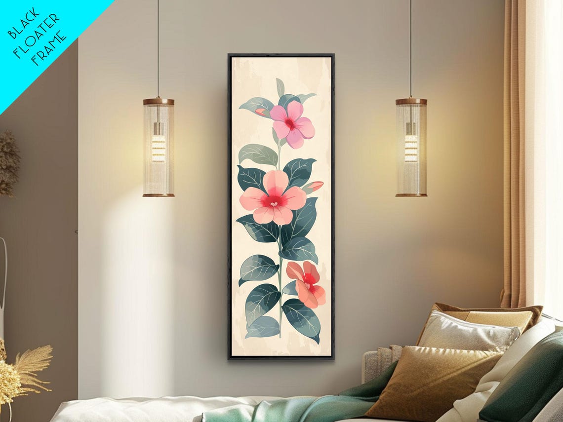 Minimalist Pink Hibiscus Flowers Teal Leaves Japanese Art Poster