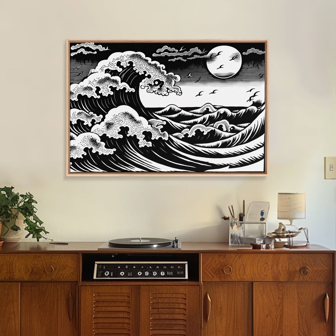 Great Wave Moonlit Ocean Black White Japanese Woodblock Style Poster - Image 3