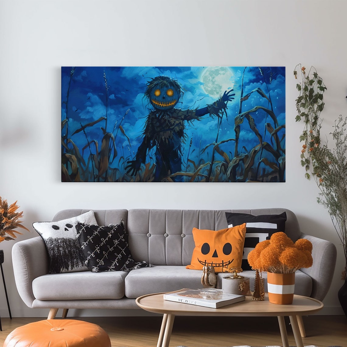 Jack O Lantern Scarecrow Midnight Cornfield Moonlit Halloween Wall Art - Image 6