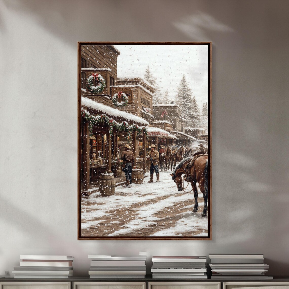 Cowboy Christmas Scene, Vintage Western Town Art Print