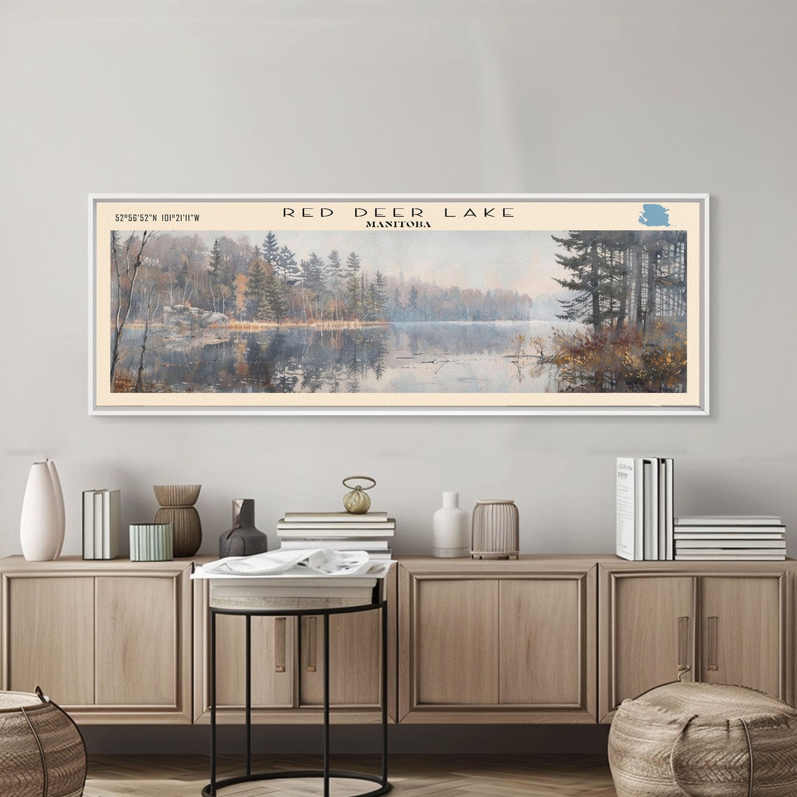 Red Deer Lake Manitoba Misty Boreal Forest Calm Water Travel Poster