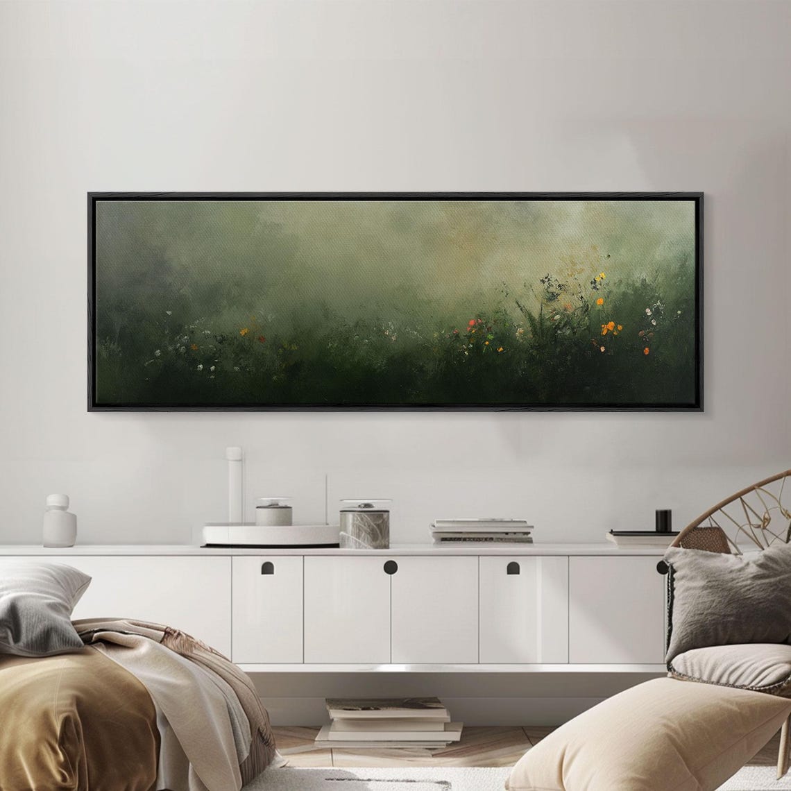 Fog Over Wildflowers Moody Muted Green Panoramic Painting Poster - Image 2