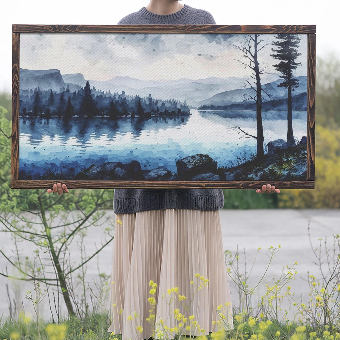 Blue Lagoon Watercolor Lake Misty Pine Mountains Calm Nature Poster - Image 2