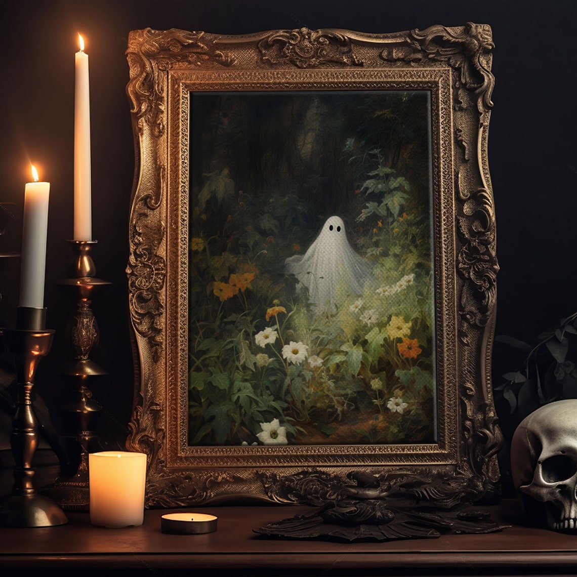 Little Ghost Among Wildflowers In Dark Enchanted Forest Wall Art - Image 5