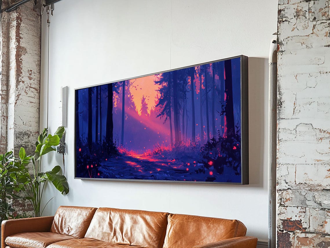 Forest Path Pink Dusk Light Purple Trees Retro Landscape Poster - Image 3