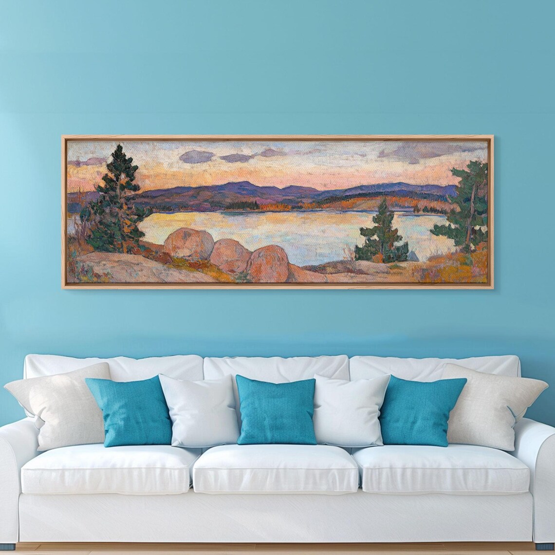 Moody Lake Sunset Golden Sky Rocky Shore Pines Oil Painting Poster - Image 3