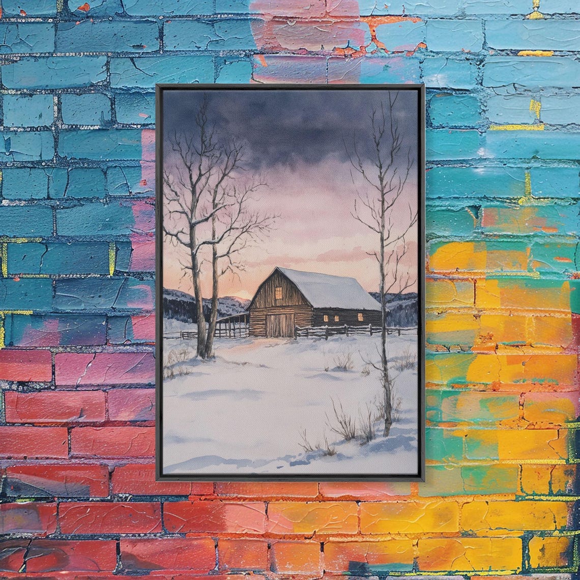 Rustic Wooden Barn In Winter Snow At Dusk Farm Landscape Poster
