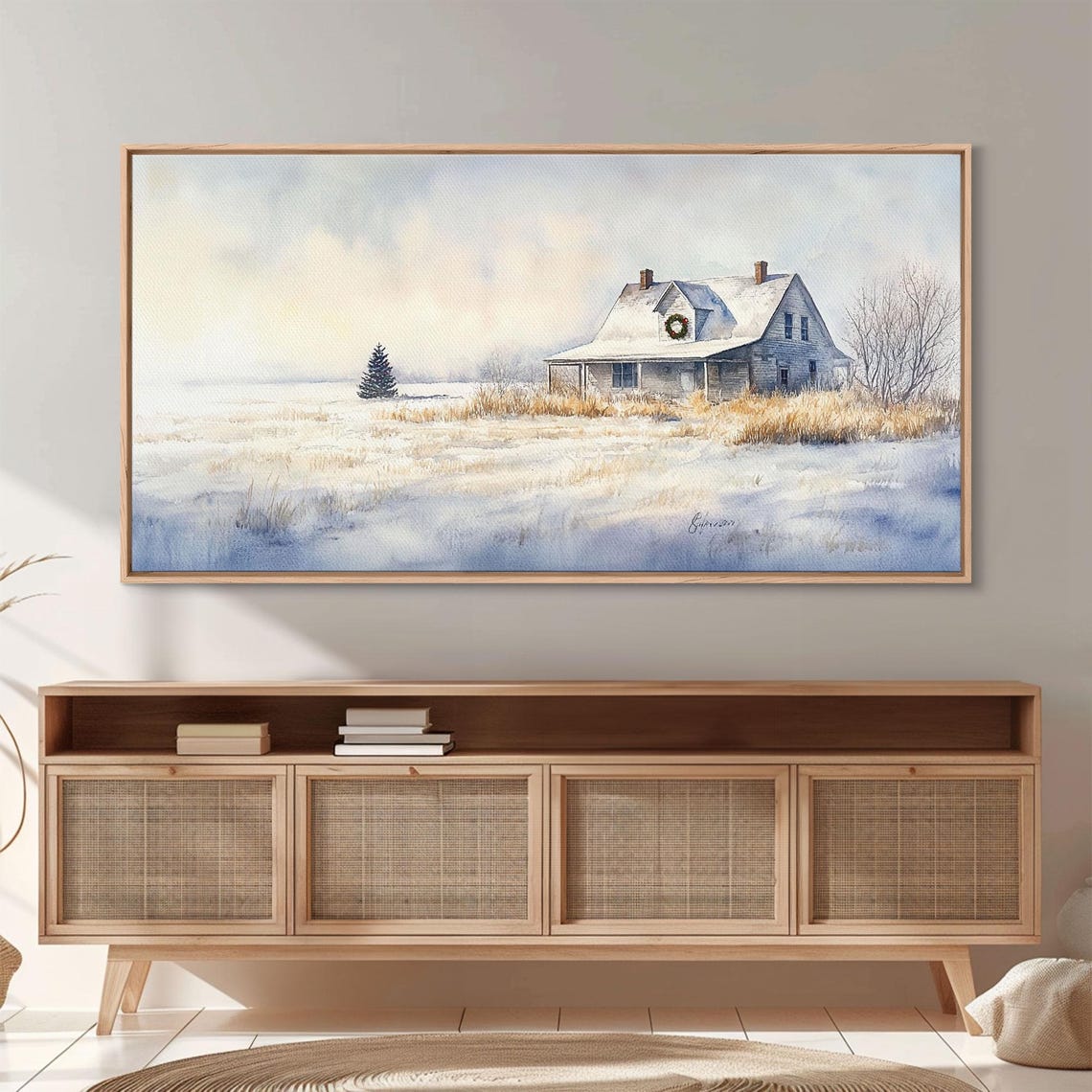 Silent Winter Farmhouse Snow Field Wreath Dawn Golden Wheat Art Poster - Image 3