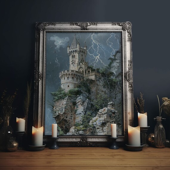 Haunted Castle On Cliff In Lightning Storm Gothic Night Sky Poster