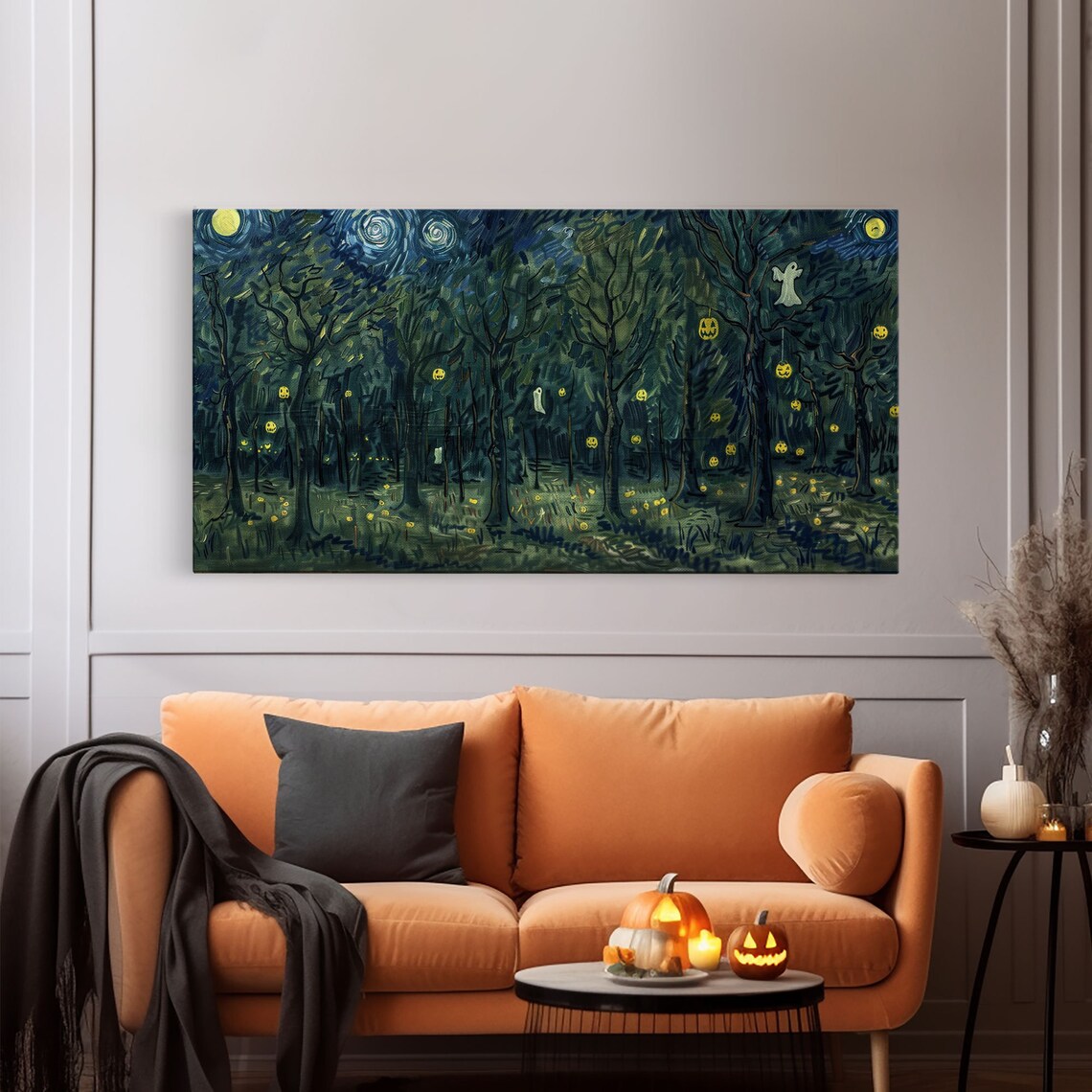 Starry Night Haunted Forest Ghosts Hanging Jack O Lanterns Spooky Poster