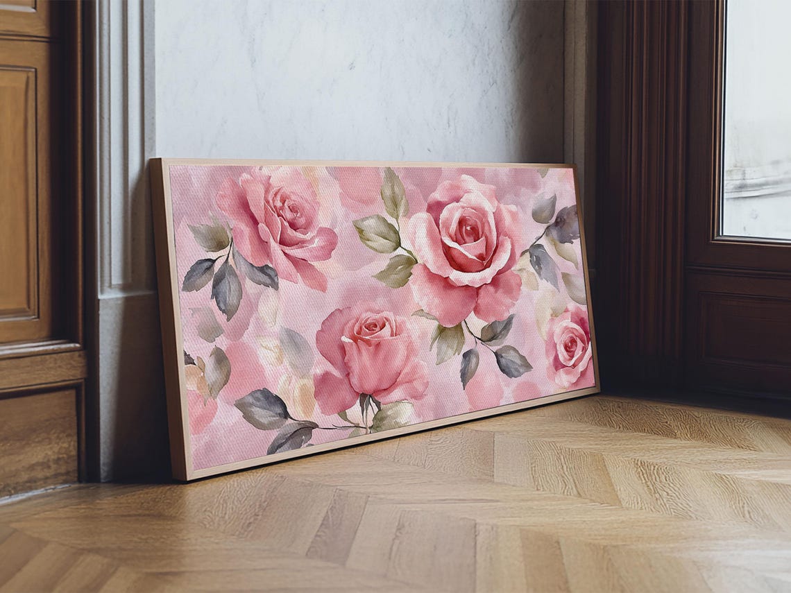 Soft Pink Roses Grey Green Leaves Watercolor Floral Wall Poster - Image 2