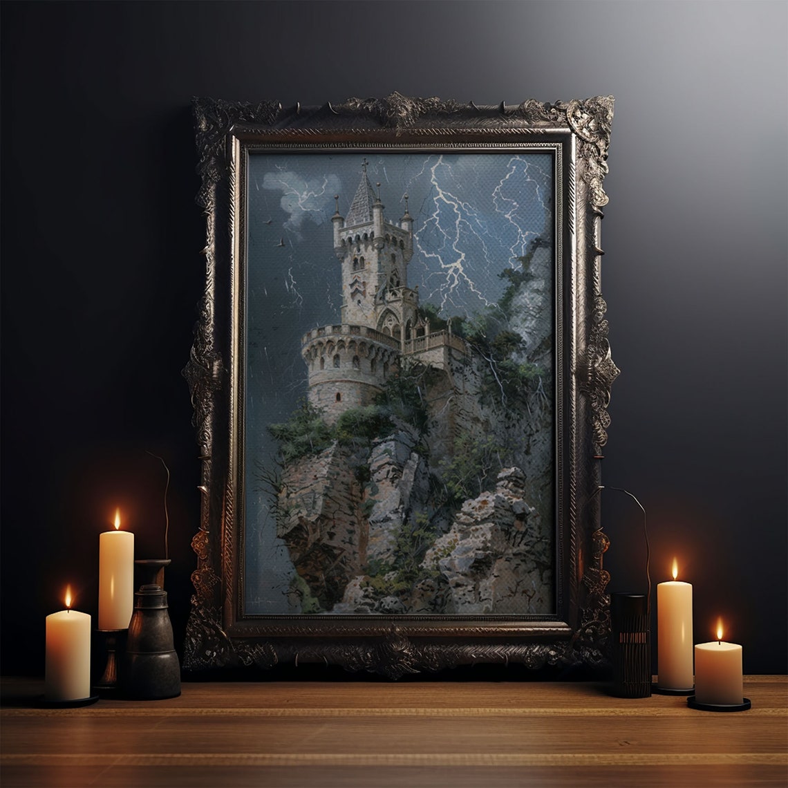 Haunted Castle On Cliff In Lightning Storm Gothic Night Sky Poster - Image 4