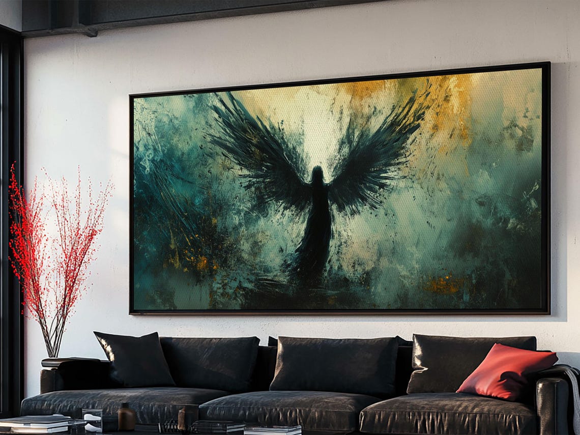 Black Angel Silhouette Spread Wings Teal Gold Abstract Dark Poster - Image 2
